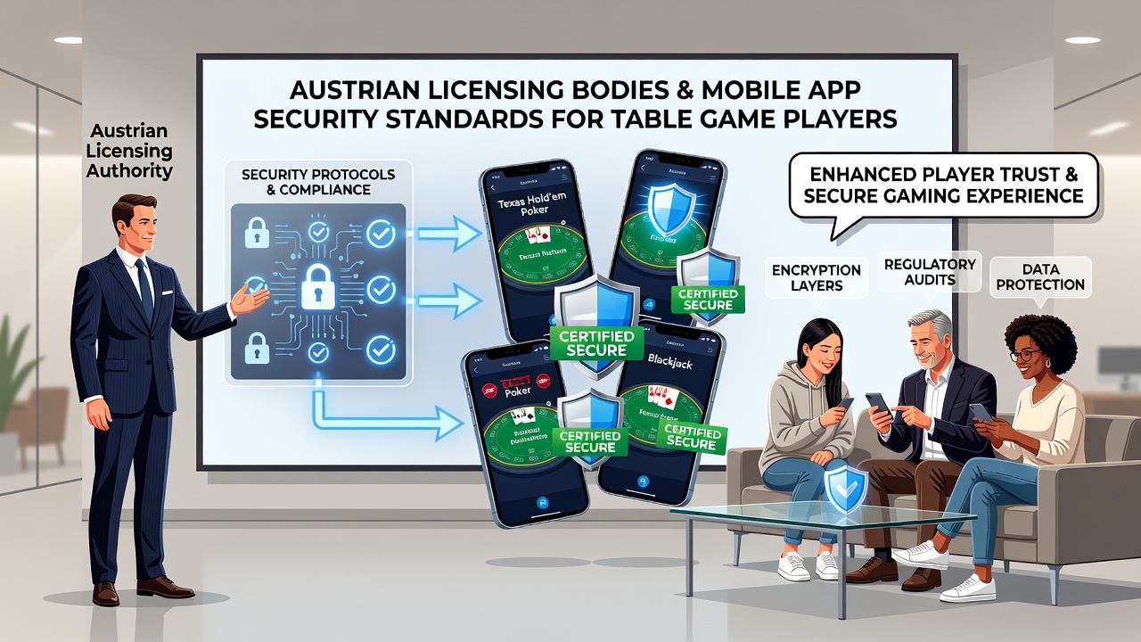Mobile app interface displaying security certification badges for Austrian table game platforms