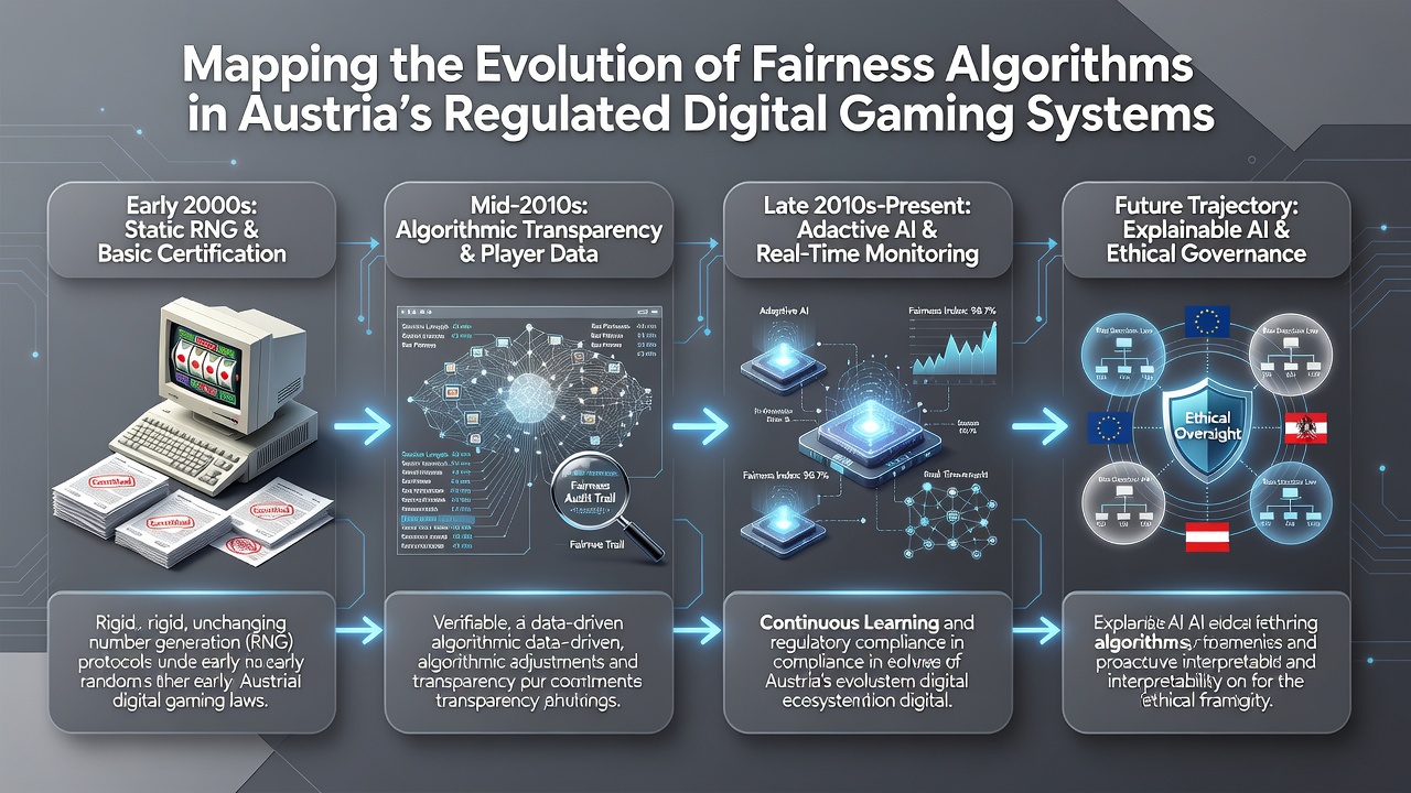 Technical diagram of current fairness algorithm architecture used in Austrian digital gaming systems including RNG, hash chains, and ML monitoring layers