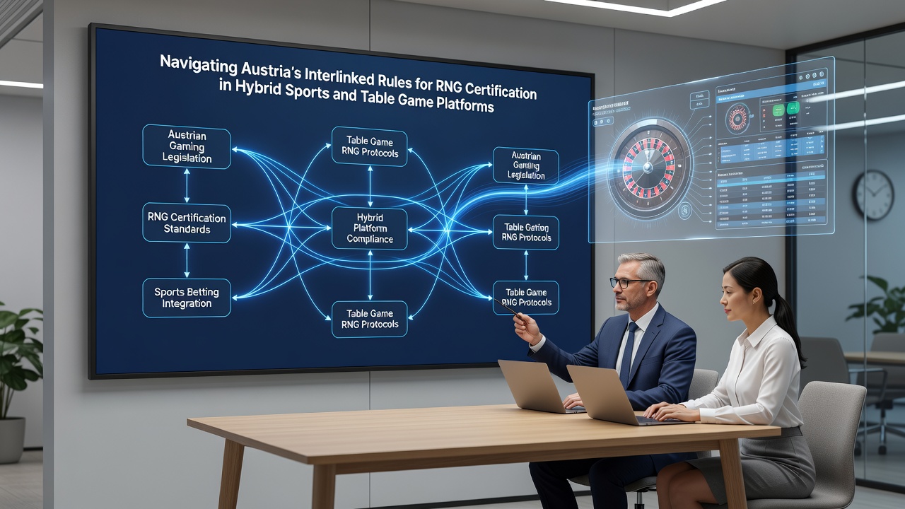 Technical architecture diagram showing interlinked RNG certification flows in Austrian hybrid sports and table game systems